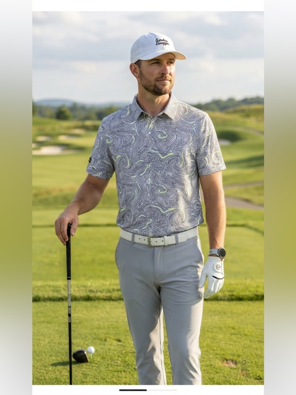 Sunday Swagger Men’s Golf Polo Shirt - White with Black & Lime Accent